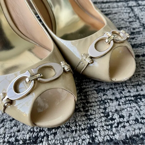 Coach Elora Patent Leather Peep Toe Wedges