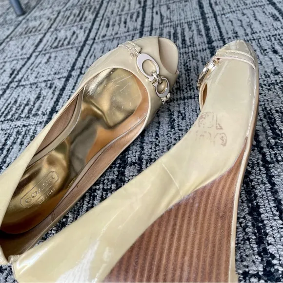 Coach Elora Patent Leather Peep Toe Wedges