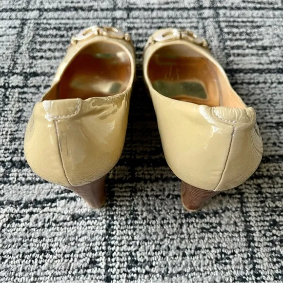 Coach Elora Patent Leather Peep Toe Wedges