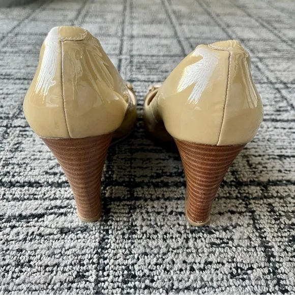 Coach Elora Patent Leather Peep Toe Wedges