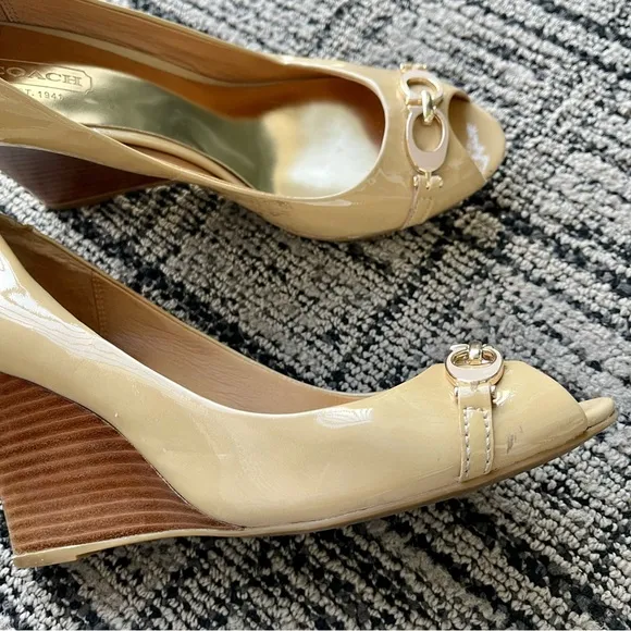 Coach Elora Patent Leather Peep Toe Wedges