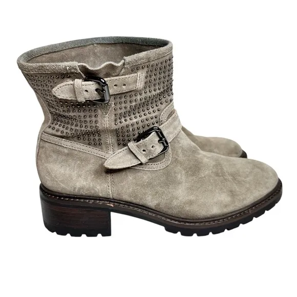 COACH Gates Studded Moto Boots Ankle Combat Taupe Gray SZ 7