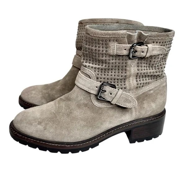 COACH Gates Studded Moto Boots Ankle Combat Taupe Gray SZ 7