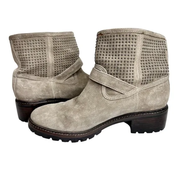 COACH Gates Studded Moto Boots Ankle Combat Taupe Gray SZ 7