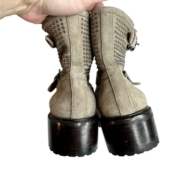 COACH Gates Studded Moto Boots Ankle Combat Taupe Gray SZ 7