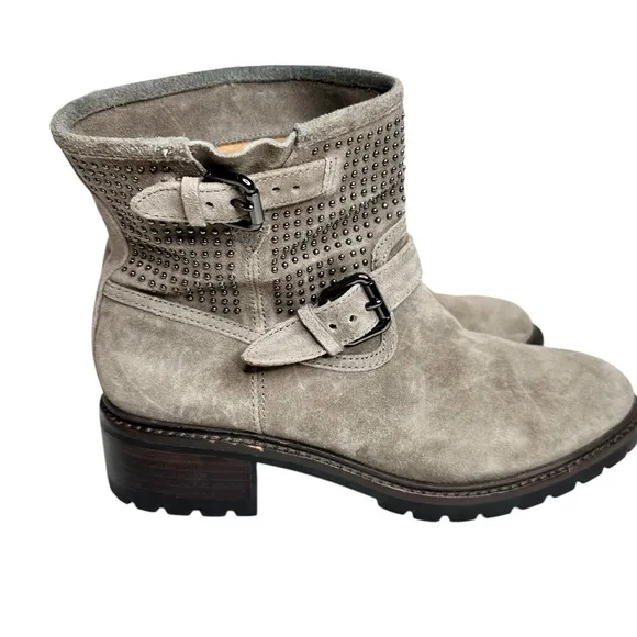 COACH Gates Studded Moto Boots Ankle Combat Taupe Gray SZ 7