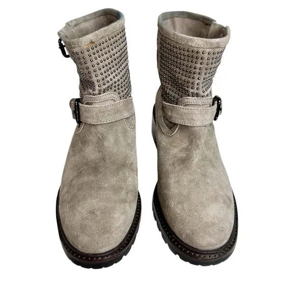 COACH Gates Studded Moto Boots Ankle Combat Taupe Gray SZ 7