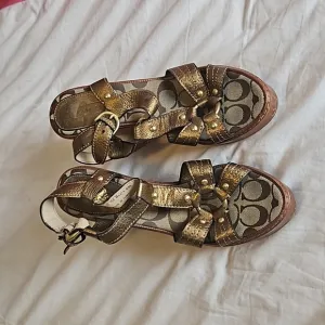 Coach Gold Pewter Mayra Wooden Platform Wedges Size 9