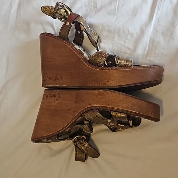 Coach Gold Pewter Mayra Wooden Platform Wedges Size 9