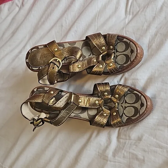 Coach Gold Pewter Mayra Wooden Platform Wedges Size 9