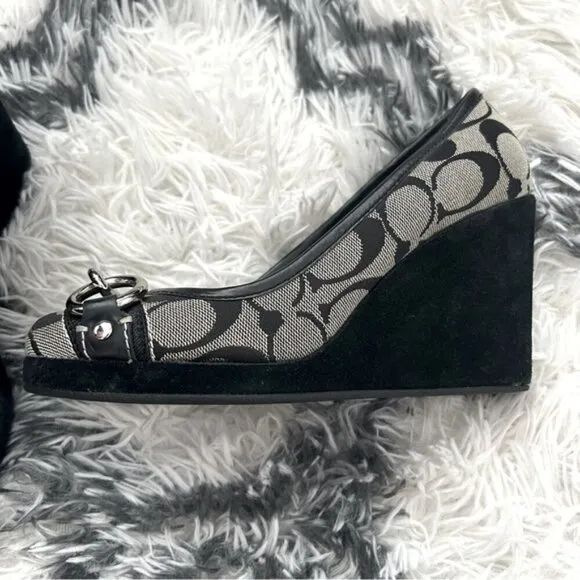Coach Issy Monogram Wedge Heels with Silver Hardware