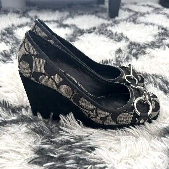 Coach Issy Monogram Wedge Heels with Silver Hardware