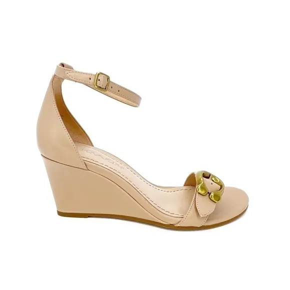 Coach Odetta Wedge Sandal Size 6 Beachwood Tan Leather Strappy Sandals Heels EUC