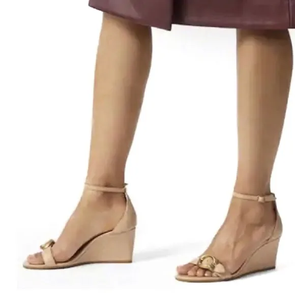 Coach Odetta Wedge Sandal Size 6 Beachwood Tan Leather Strappy Sandals Heels EUC