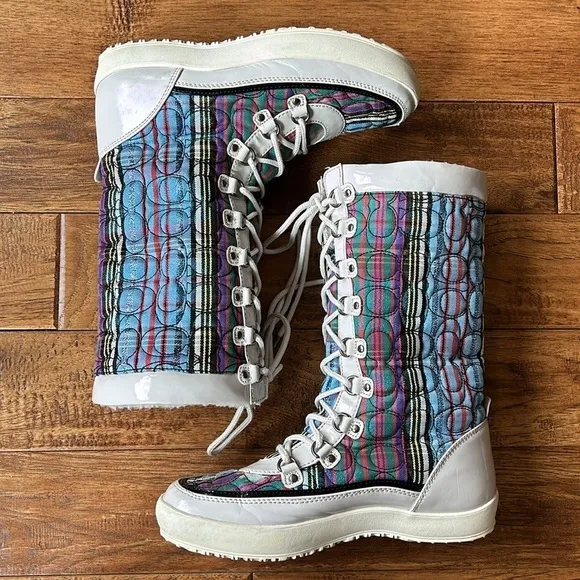 Coach Peggey Boots Signature Multicolor Shearling Lined Lace Up Winter Size 8