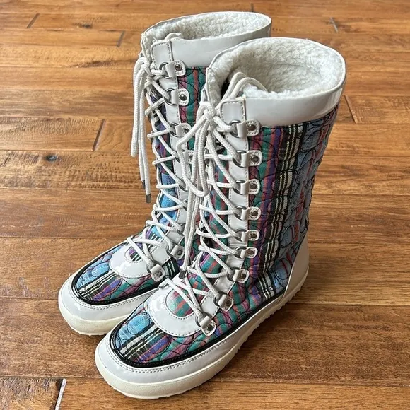 Coach Peggey Boots Signature Multicolor Shearling Lined Lace Up Winter Size 8