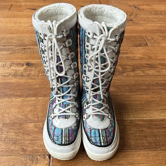 Coach Peggey Boots Signature Multicolor Shearling Lined Lace Up Winter Size 8