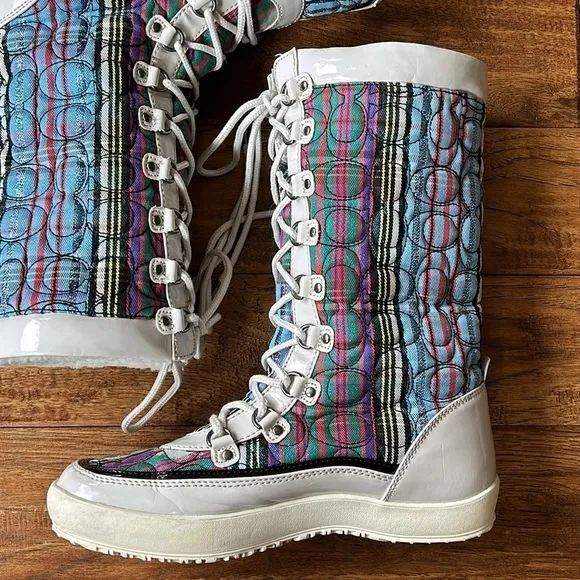 Coach Peggey Boots Signature Multicolor Shearling Lined Lace Up Winter Size 8