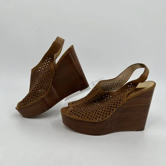 Coach Tan Suede Lasercut Peep Toe Wedges | Size 7.5