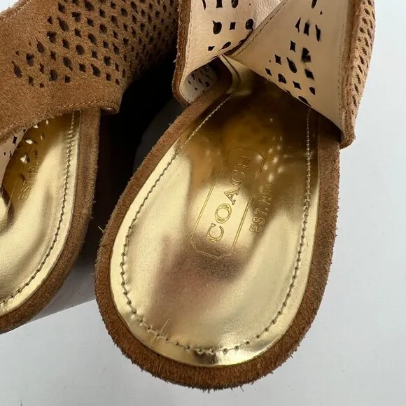 Coach Tan Suede Lasercut Peep Toe Wedges | Size 7.5