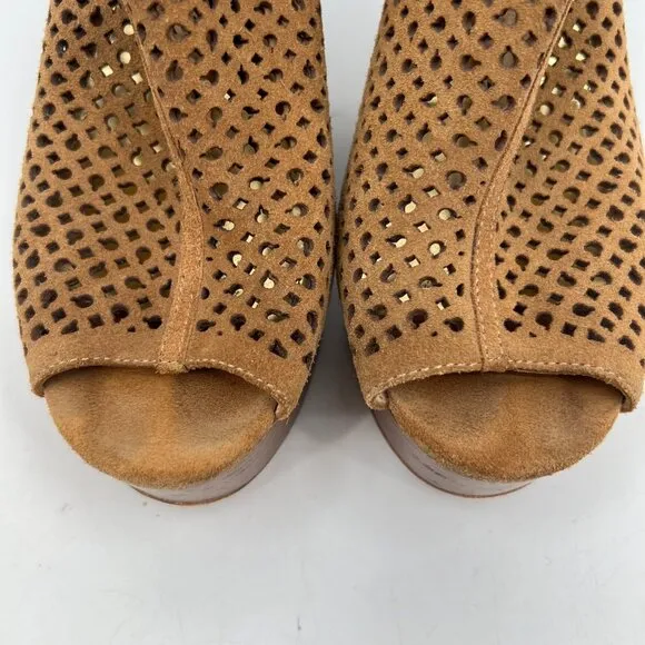 Coach Tan Suede Lasercut Peep Toe Wedges | Size 7.5