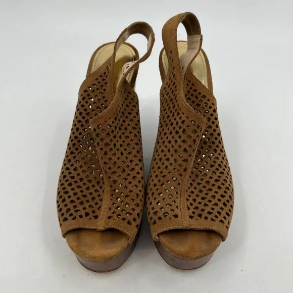 Coach Tan Suede Lasercut Peep Toe Wedges | Size 7.5