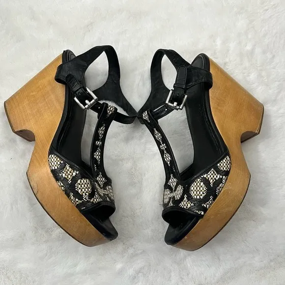 Coach Women's Nelly OP Art Wedge Platform Shoes Size 8 Sandal T Strap Woven