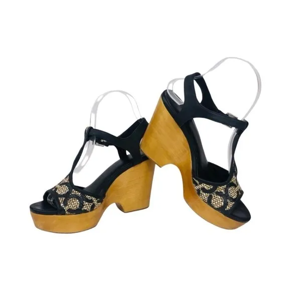 Coach Women's Nelly OP Art Wedge Platform Shoes Size 8 Sandal T Strap Woven