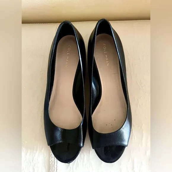 Cole Haan Elsie Black Leather Peep Toe Wedges size 7 B