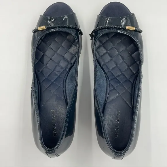 Cole Haan Emory Braided Band Navy Patent Leather Peep Toe Wedges Quilted 7.5 B