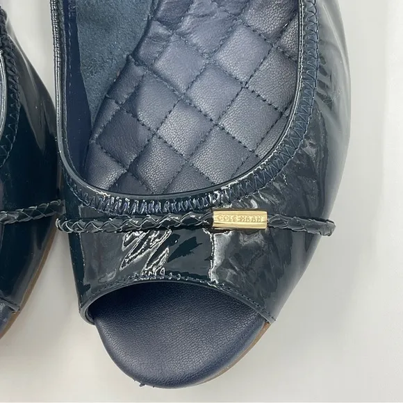 Cole Haan Emory Braided Band Navy Patent Leather Peep Toe Wedges Quilted 7.5 B