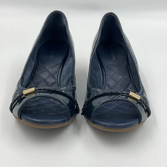 Cole Haan Emory Braided Band Navy Patent Leather Peep Toe Wedges Quilted 7.5 B