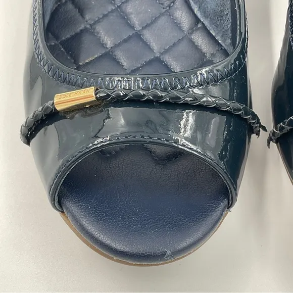 Cole Haan Emory Braided Band Navy Patent Leather Peep Toe Wedges Quilted 7.5 B