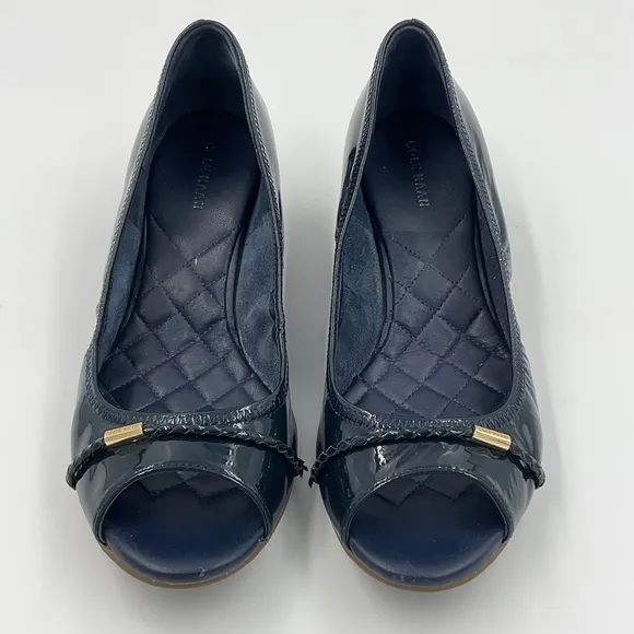 Cole Haan Emory Braided Band Navy Patent Leather Peep Toe Wedges Quilted 7.5 B