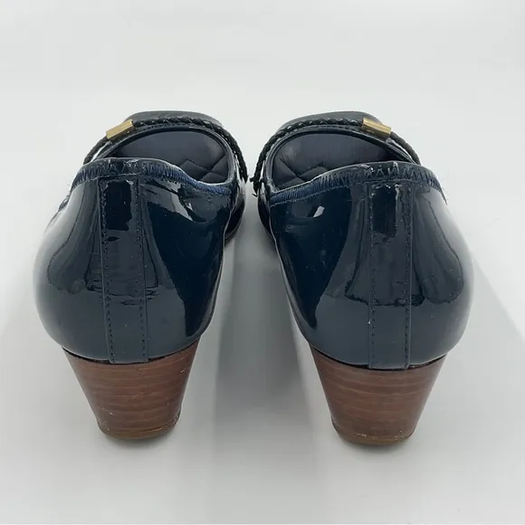Cole Haan Emory Braided Band Navy Patent Leather Peep Toe Wedges Quilted 7.5 B