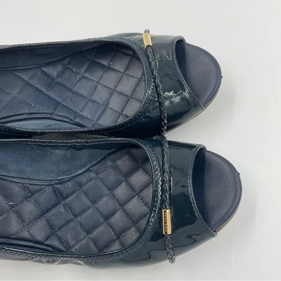 Cole Haan Emory Braided Band Navy Patent Leather Peep Toe Wedges Quilted 7.5 B