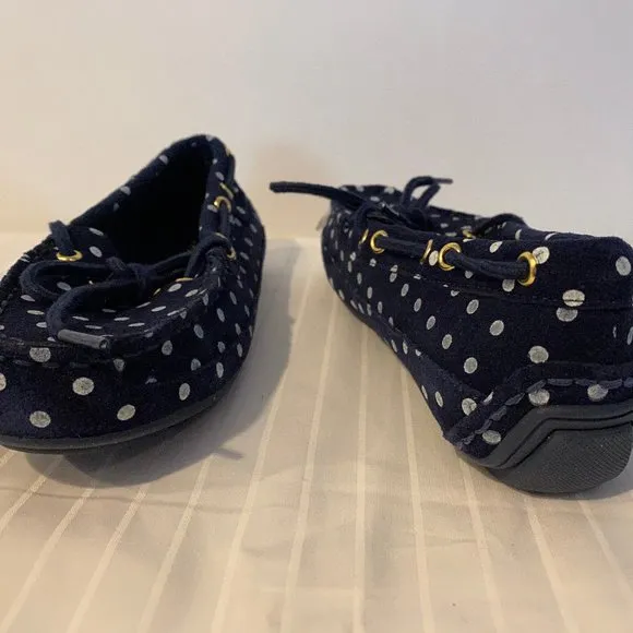 COLE HAAN GRAND OS GIRL Size 2 BLUE POLKA DOT CLASSIC BOAT SHOES-Suede leather