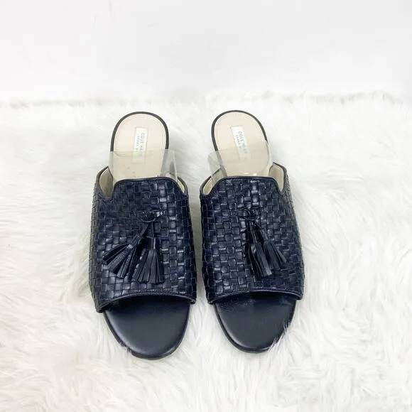 Cole Haan Grand Zero 7.5 B Womens Black Leather Weave Slide Mule Peep Toe Wedges