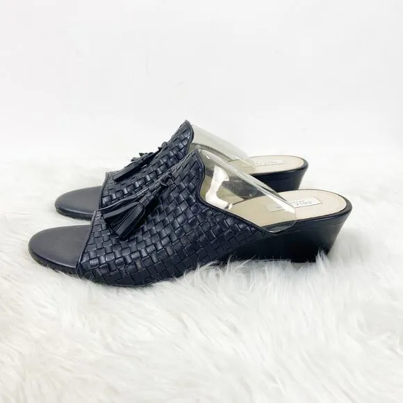 Cole Haan Grand Zero 7.5 B Womens Black Leather Weave Slide Mule Peep Toe Wedges