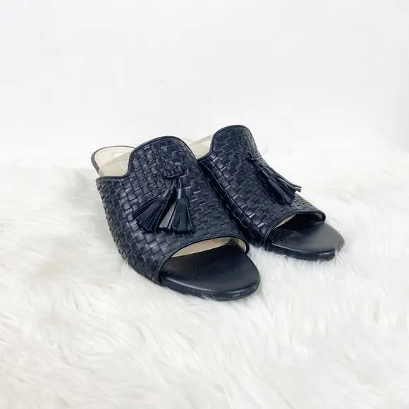 Cole Haan Grand Zero 7.5 B Womens Black Leather Weave Slide Mule Peep Toe Wedges