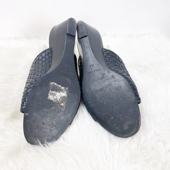 Cole Haan Grand Zero 7.5 B Womens Black Leather Weave Slide Mule Peep Toe Wedges
