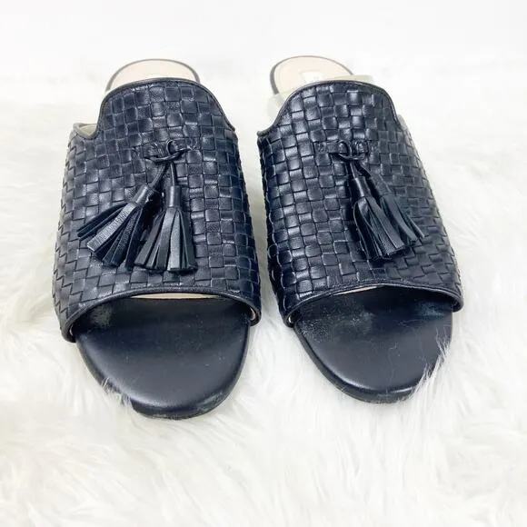 Cole Haan Grand Zero 7.5 B Womens Black Leather Weave Slide Mule Peep Toe Wedges