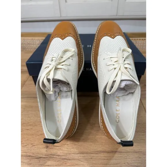 Cole Haan Women's OG Platform Wingtip Oxford Pecan Ivory Leather Size 9.5 US NIB
