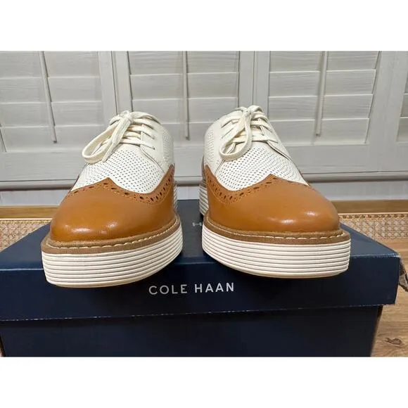 Cole Haan Women's OG Platform Wingtip Oxford Pecan Ivory Leather Size 9.5 US NIB