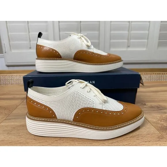Cole Haan Women's OG Platform Wingtip Oxford Pecan Ivory Leather Size 9.5 US NIB