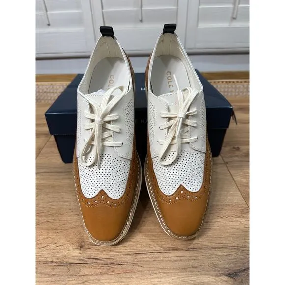 Cole Haan Women's OG Platform Wingtip Oxford Pecan Ivory Leather Size 9.5 US NIB