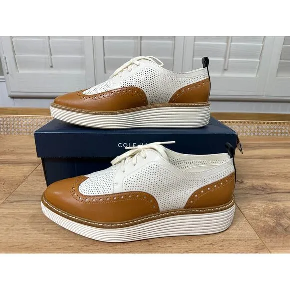 Cole Haan Women's OG Platform Wingtip Oxford Pecan Ivory Leather Size 9.5 US NIB