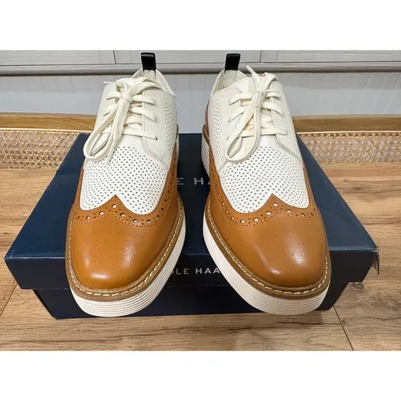 Cole Haan Women's OG Platform Wingtip Oxford Pecan Ivory Leather Size 9.5 US NIB