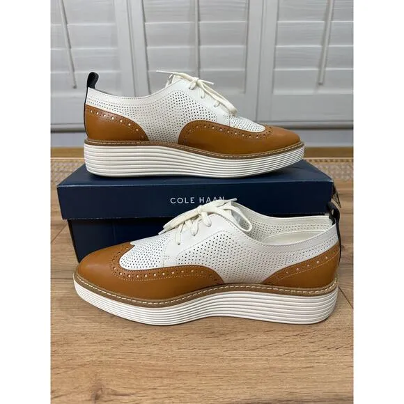 Cole Haan Women's OG Platform Wingtip Oxford Pecan Ivory Leather Size 9.5 US NIB