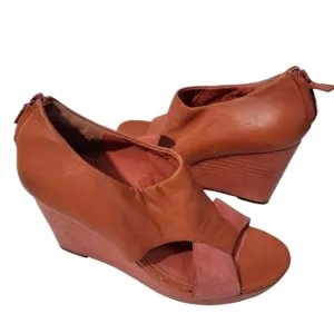 COLE HAAN X Nike Air Platform Wedges Brown Sz 8.5B Leather Open Toe Back Zip